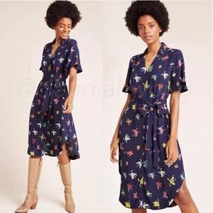 Maeve Anthropologie Navy Butterfly Print Button Tie Waist Midi Shirt Dress Large